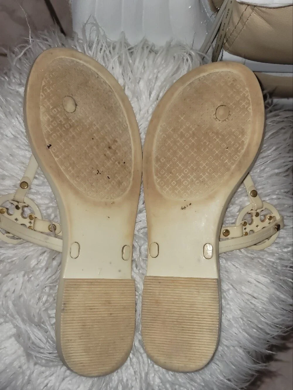 Tory Burch Ivory Logo T-Strap Jelly Sandals with Gold Accent
